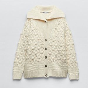 Zara Spread Collar Pompom Knit Cardigan Jacket